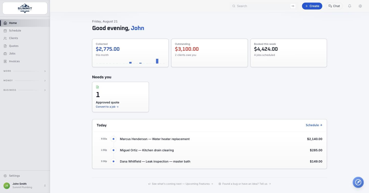 WorkBench dashboard with revenue stats, the Needs-you list, and today's schedule