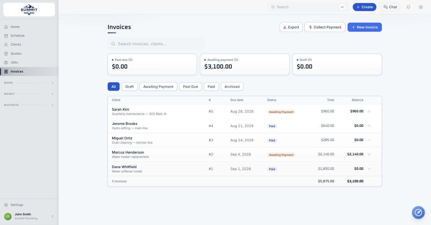 WorkBench invoices with card and ACH payment status