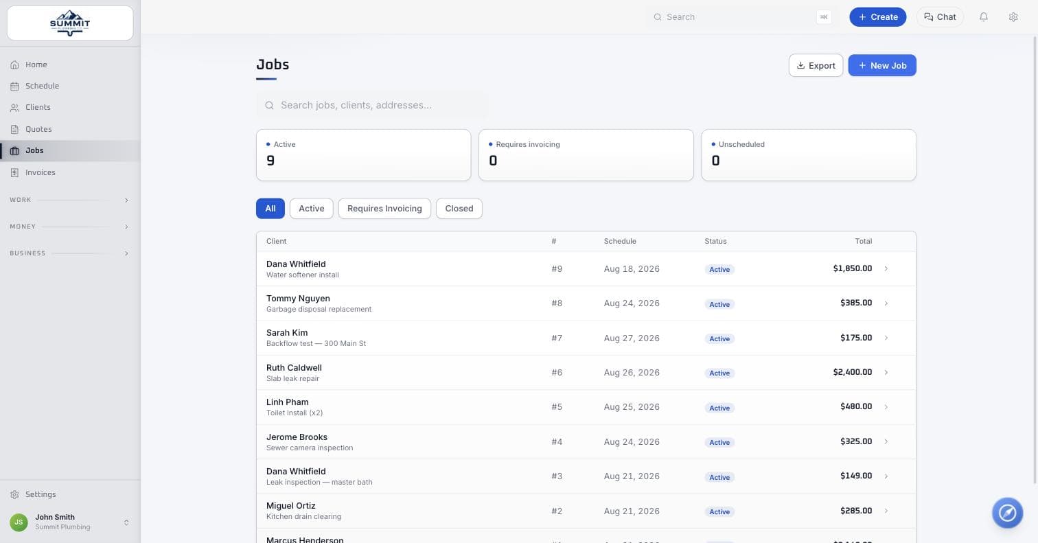 WorkBench jobs list with status filters