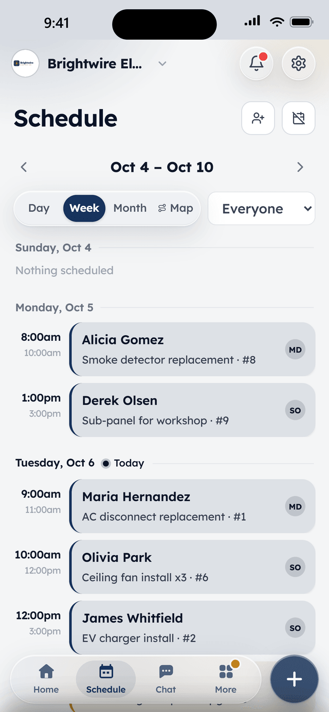 The WorkBench phone app: the week's schedule, one card per job