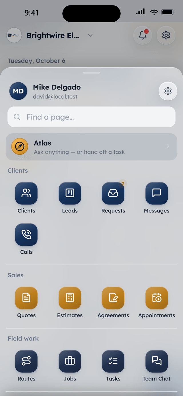The WorkBench phone app menu with Atlas at the top