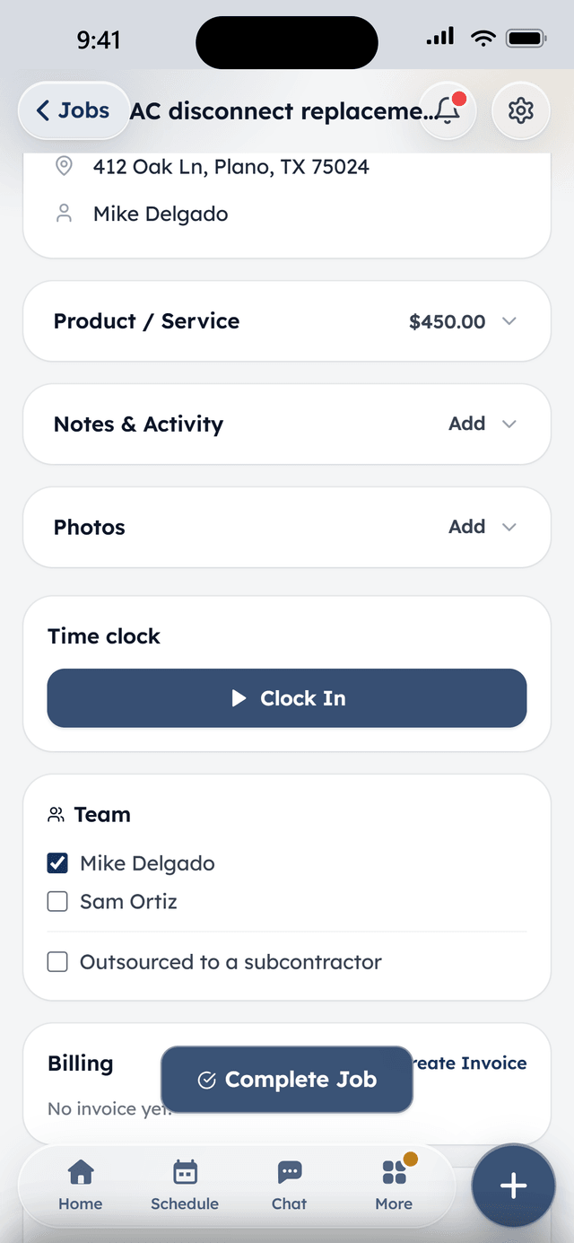 A job in the WorkBench phone app with the Clock In button